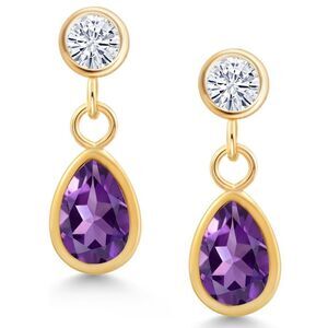 14K Yellow Gold with 0.92 Cttw Amethyst and White Moissanite Post Back Earrings